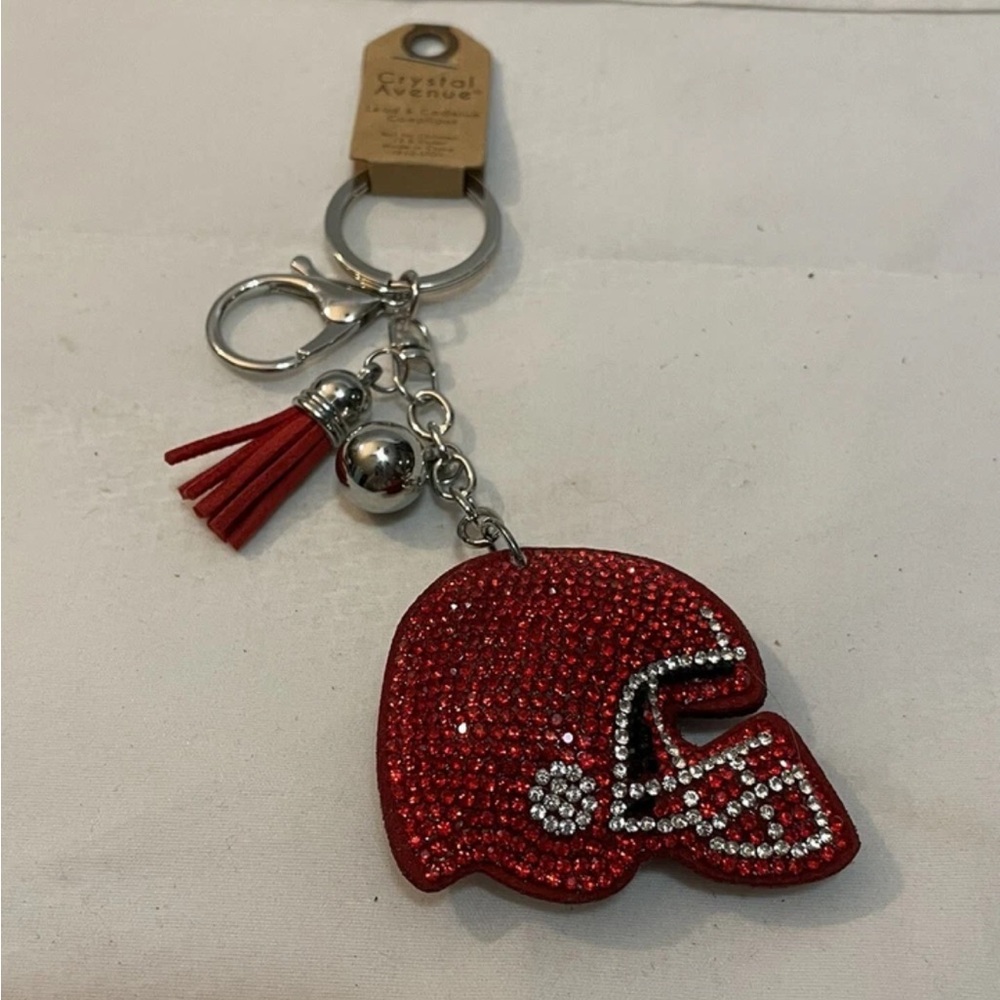 Crystal Avenue Red Chrystal Embellished Football Helmet Puffy Tassel Keychain
